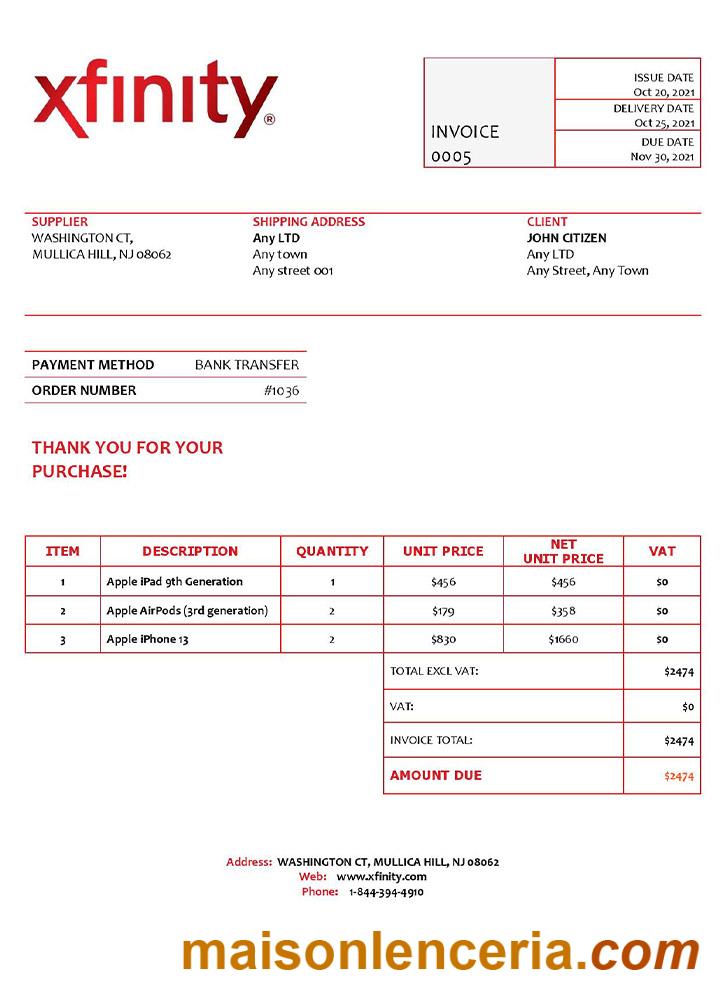 Szablon faktury USA Xfinity w formatach Word i PDF